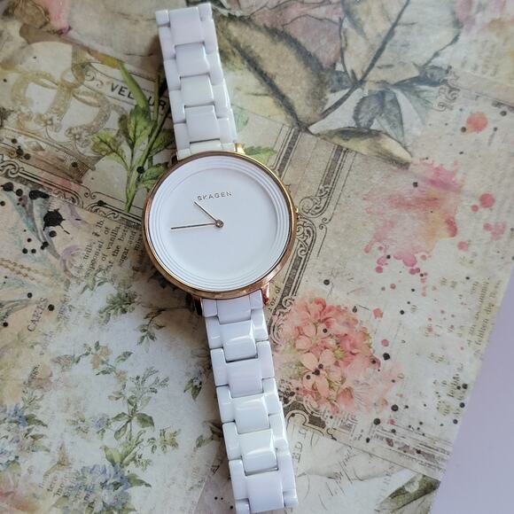 Skagen White Ceramic Watch Rose Gold Minimalist Dial Womens Quartz Slim - Picture 6 of 10